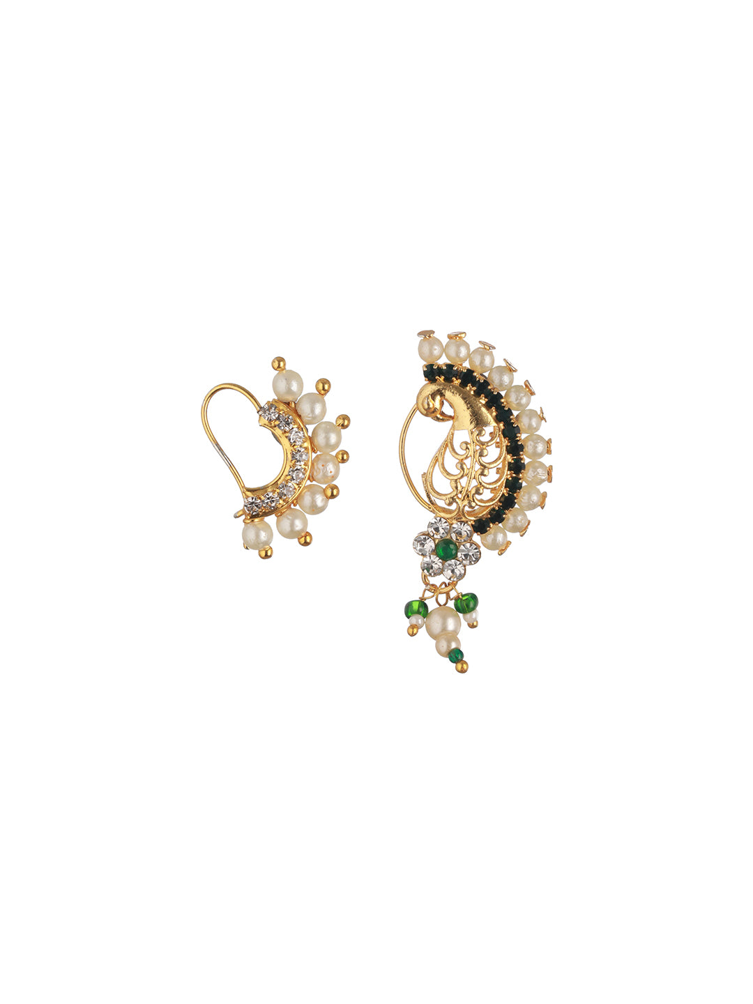 Set Of 2 Gold-Plated AD Stone-Studded & Pearl Beaded Nosepin - Jazzandsizzle