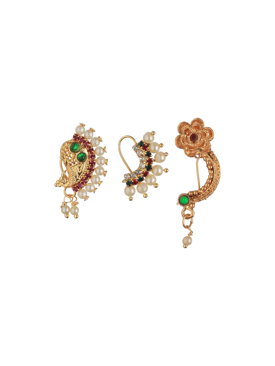 Set Of 3 Gold-Plated Stone-Studded & Beaded Nosepins - Jazzandsizzle