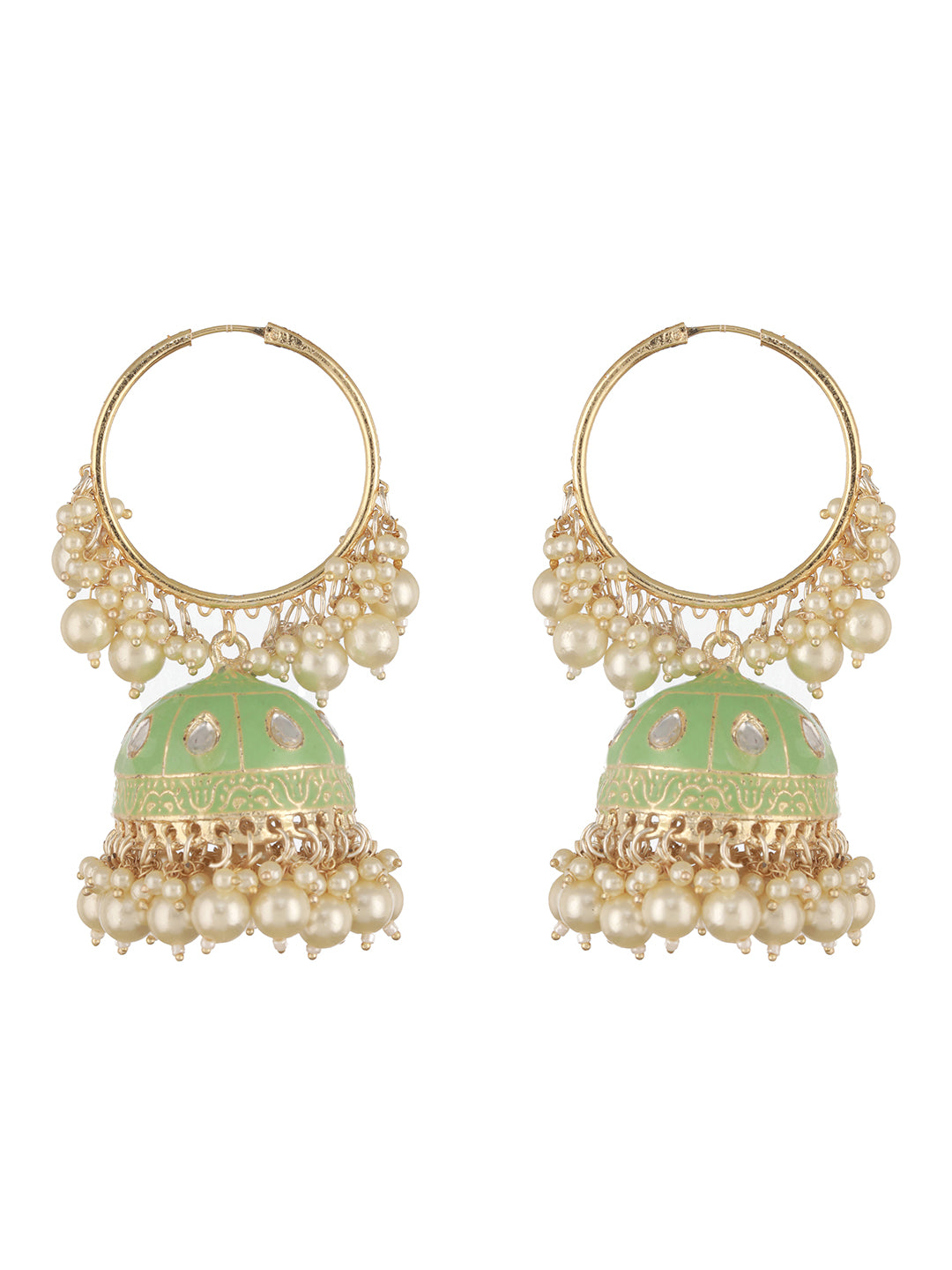 Gold Plated Kundan Studded Green Hoop Jhumka Earrings