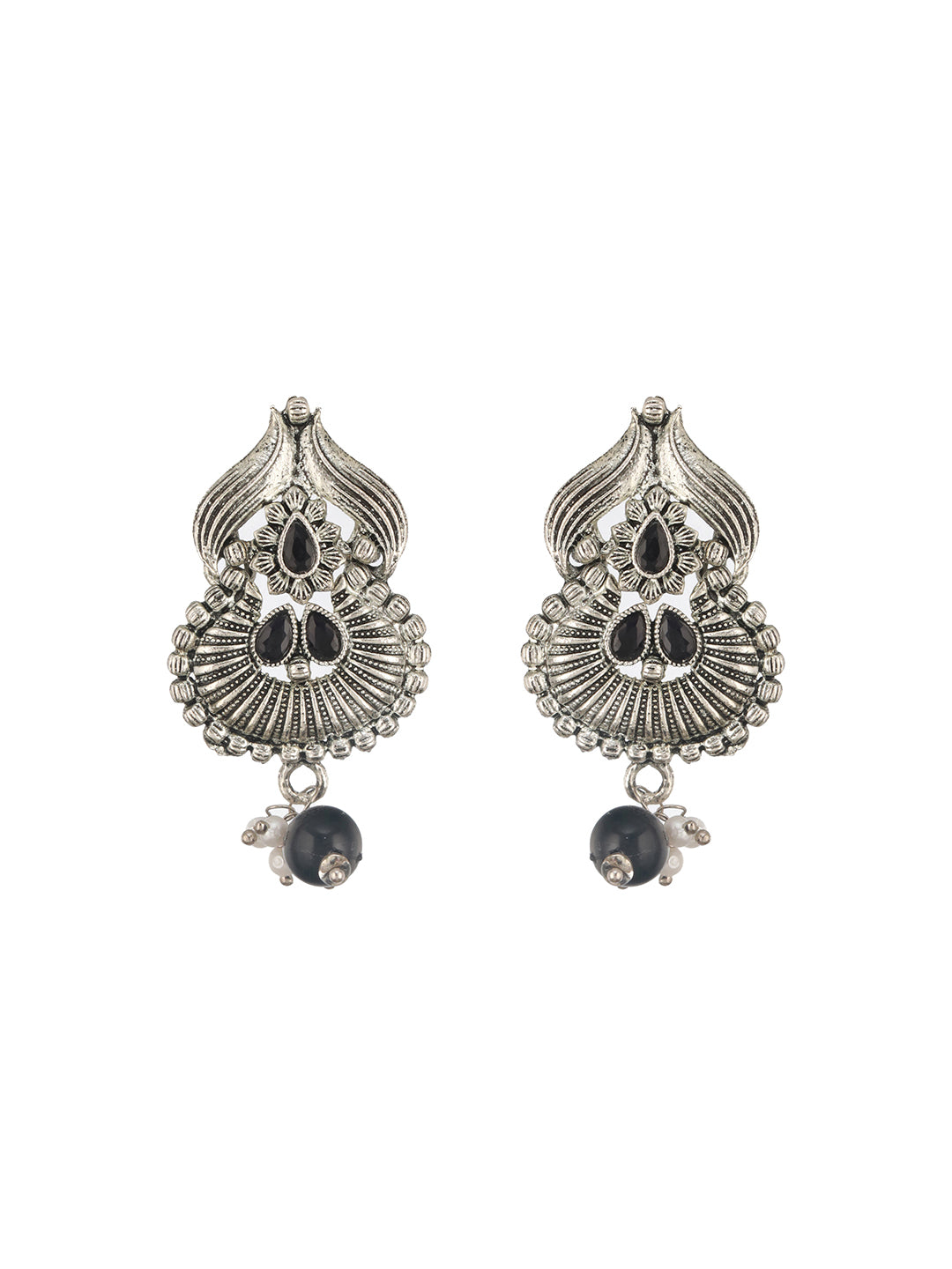 Jazz and Sizzle Silver Plated & Black Stone Studded & Beaded Traditional Choker Jewellery Set With Maangtikka