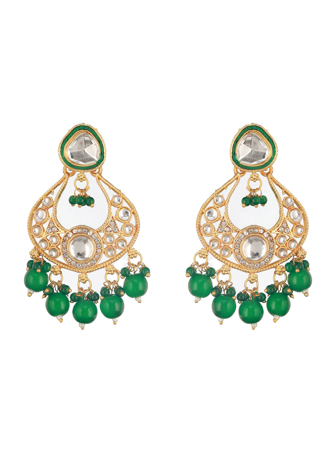 Gold-Plated Green & White Kundan-Studded & Beaded Handcrafted Jewelry Set With Maangtikka