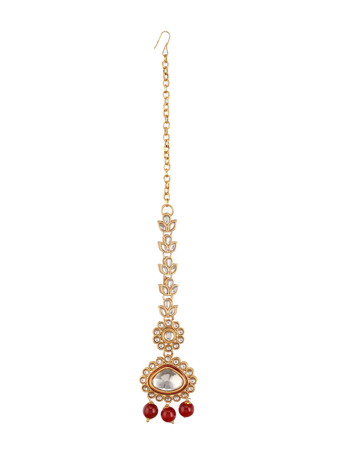 Gold-Plated Red Maroon Kundan-Studded & Beaded Maang Tikka