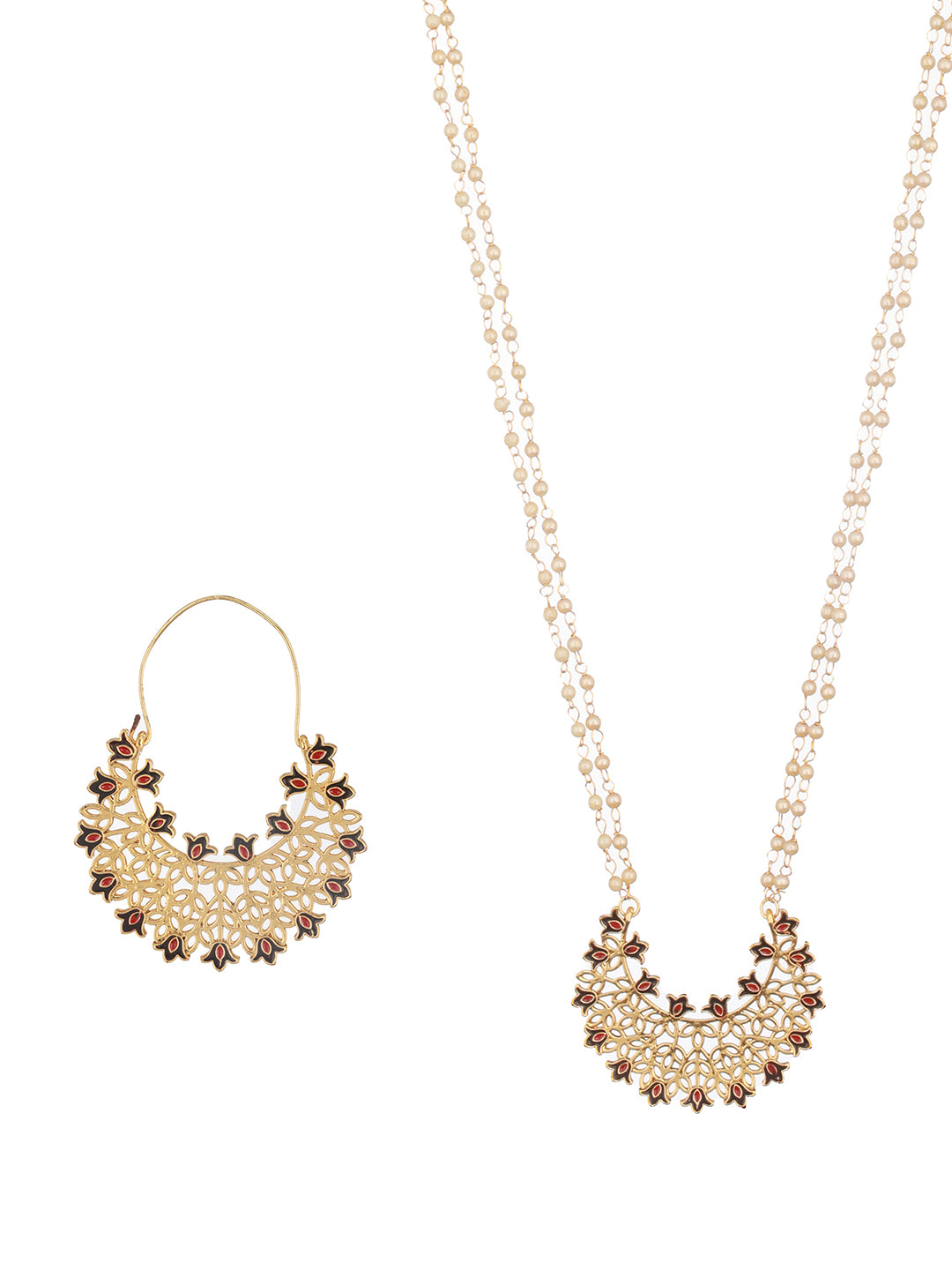 Aatmana By Jazz And Sizzle Gold-Plated Faux Pearl Beaded Layered Enamelled Long Jewellery Set