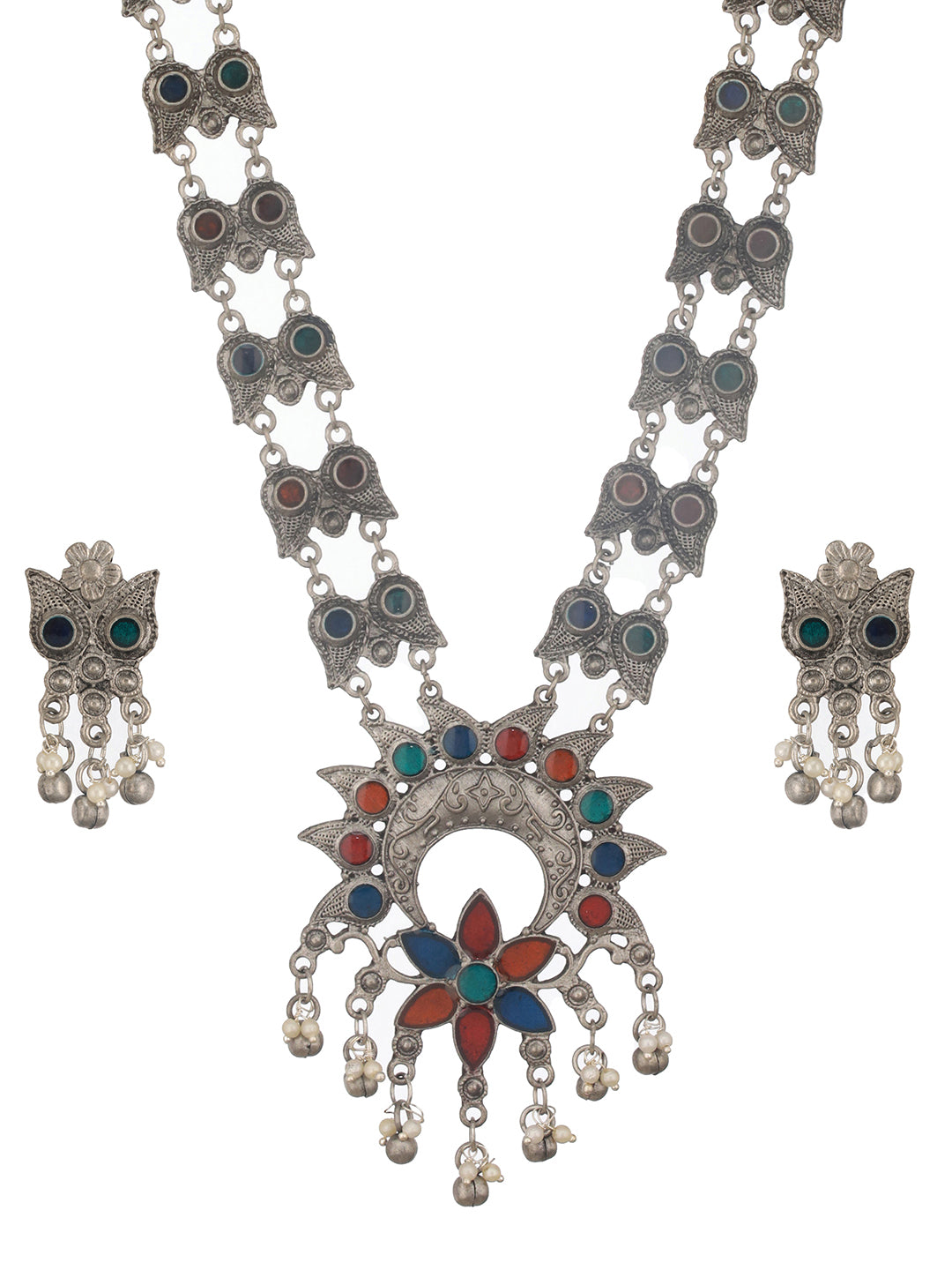 Jazz And Sizzle Oxidized Silver-Plated & Ghungroo Beaded Floral Jewelry Set