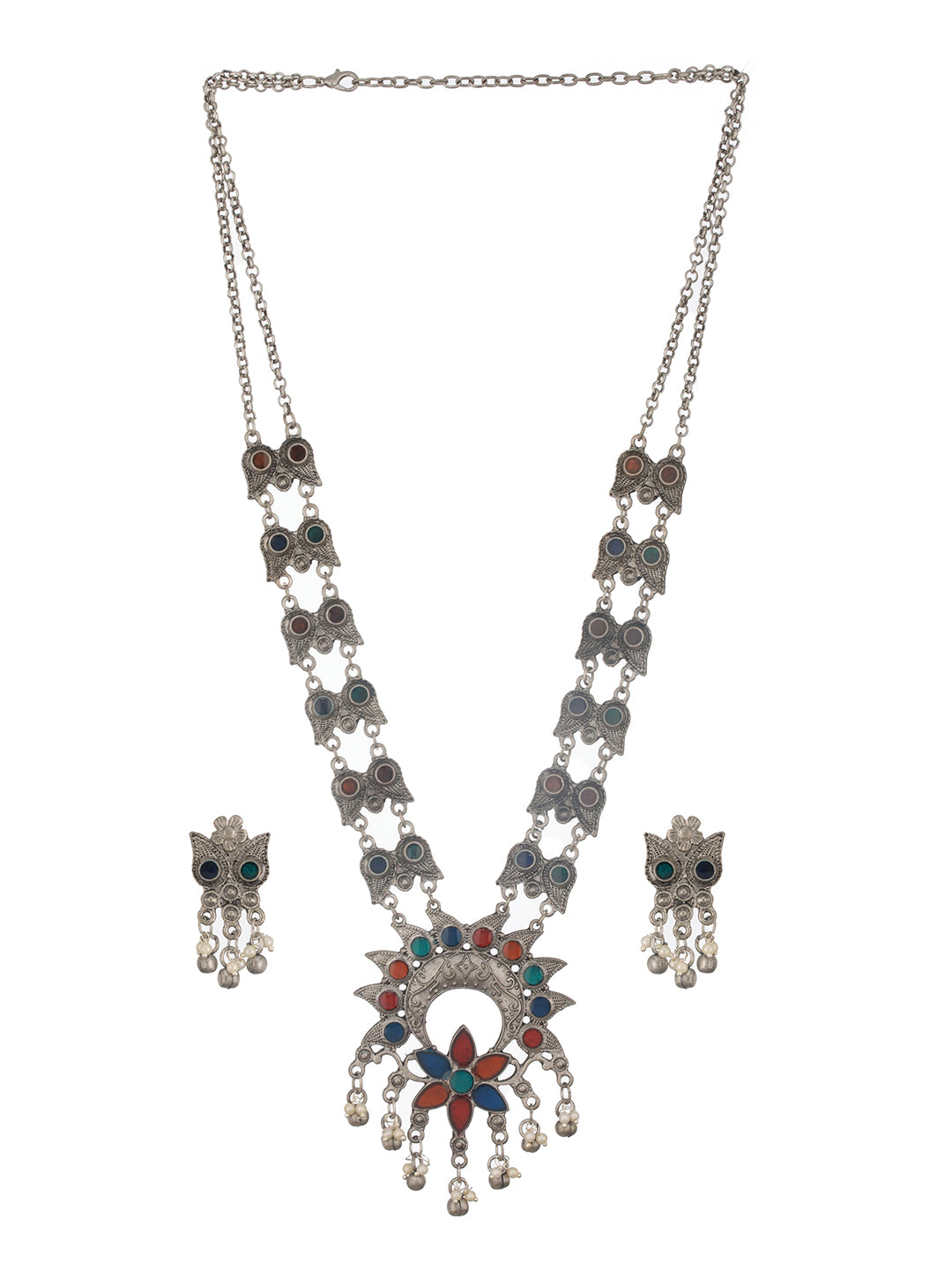 Jazz And Sizzle Oxidized Silver-Plated & Ghungroo Beaded Floral Jewelry Set