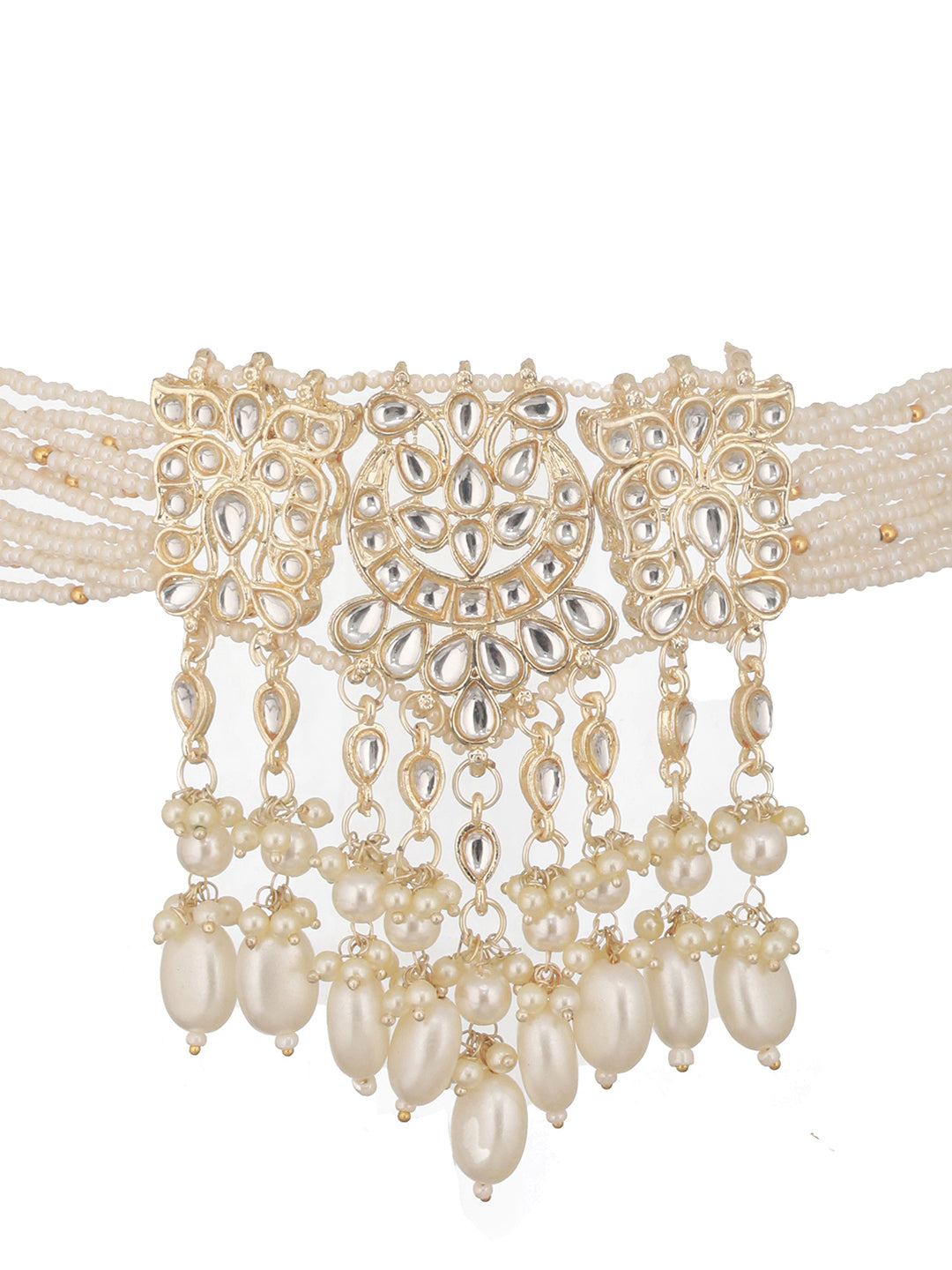 Jazz And Sizzle Gold-Plated Kundan Studded & Pearl Beaded Necklace with Chandbali Earrings Set & Mangtikka