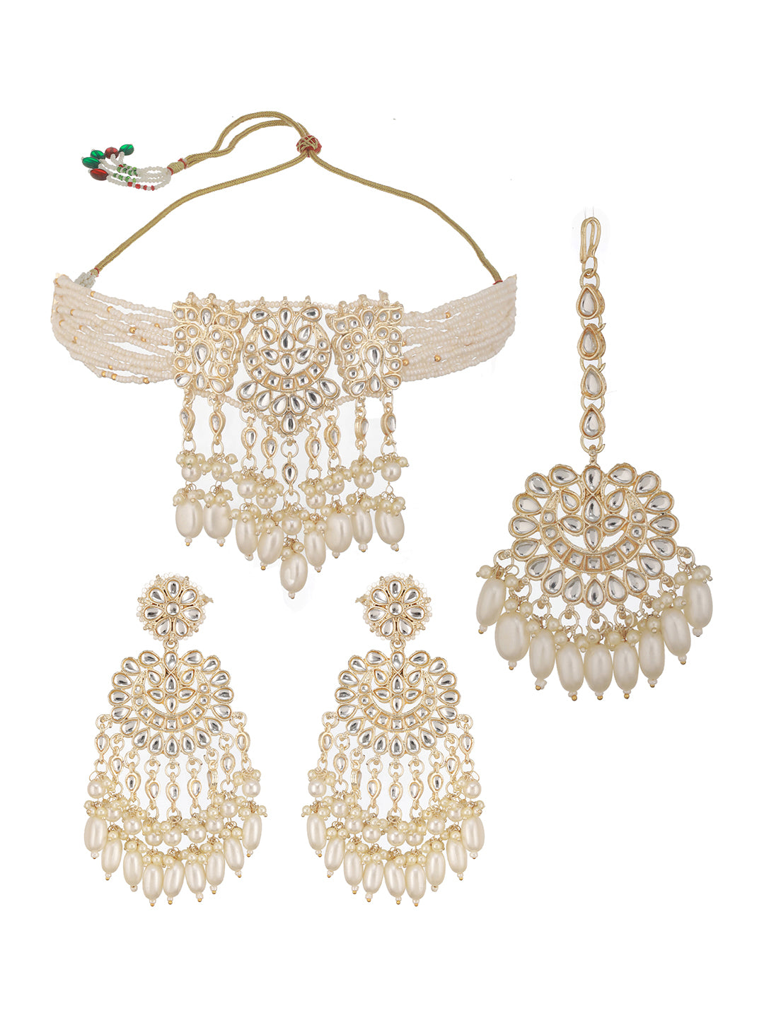 Jazz And Sizzle Gold-Plated Kundan Studded & Pearl Beaded Necklace with Chandbali Earrings Set & Mangtikka