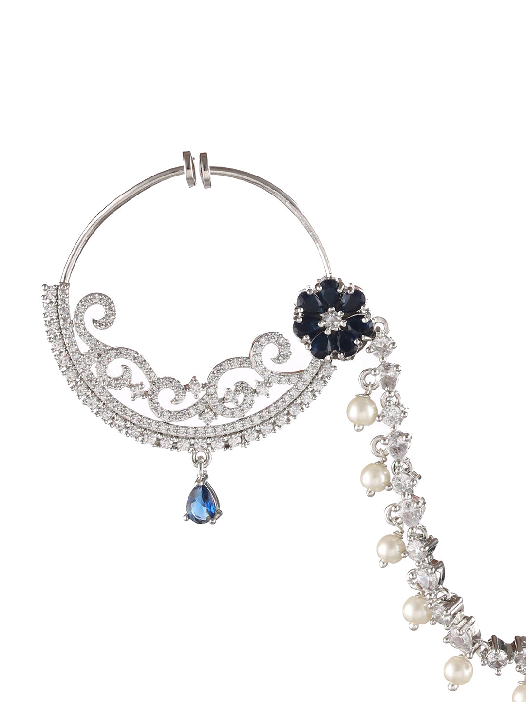 Silver Plated Blue Floral American Diamond Studded Handcrafted Nose Ring With Pearl Drop Chain - Jazzandsizzle