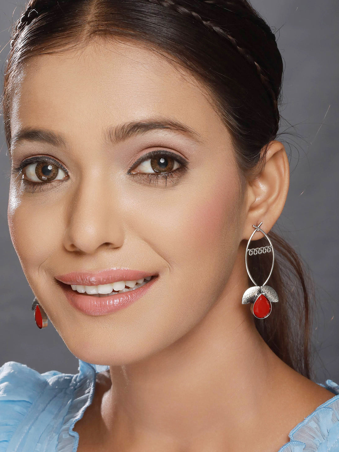 Red Stone studded & Lef Shaped Contemporary Drop Earrings - Jazzandsizzle