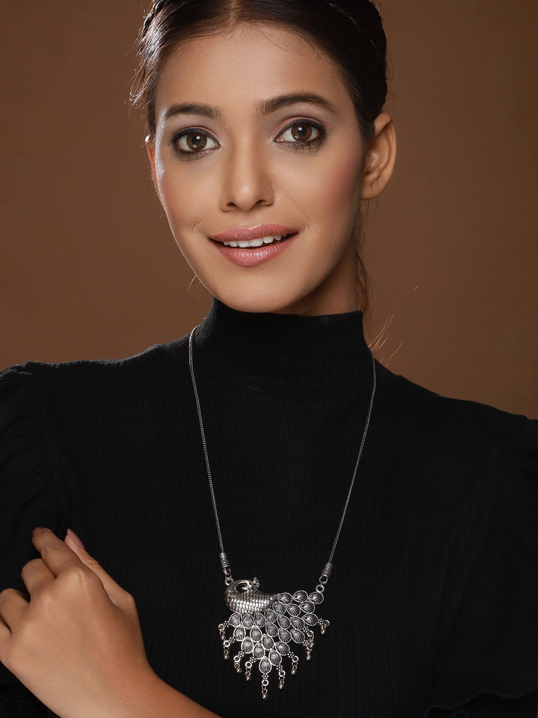 Silver Plated Peacock Shaped Oxidised Necklace - Jazzandsizzle