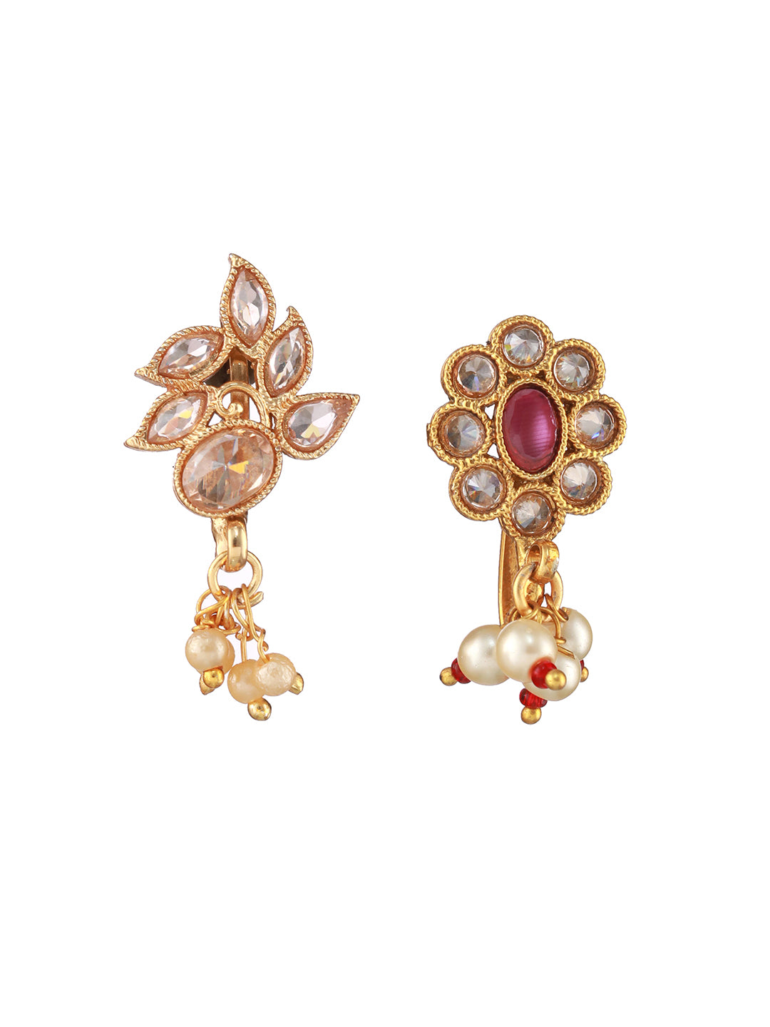 Set Of 2 Gold-Plated Red & White Kundan Studded Nose Pin - Jazzandsizzle