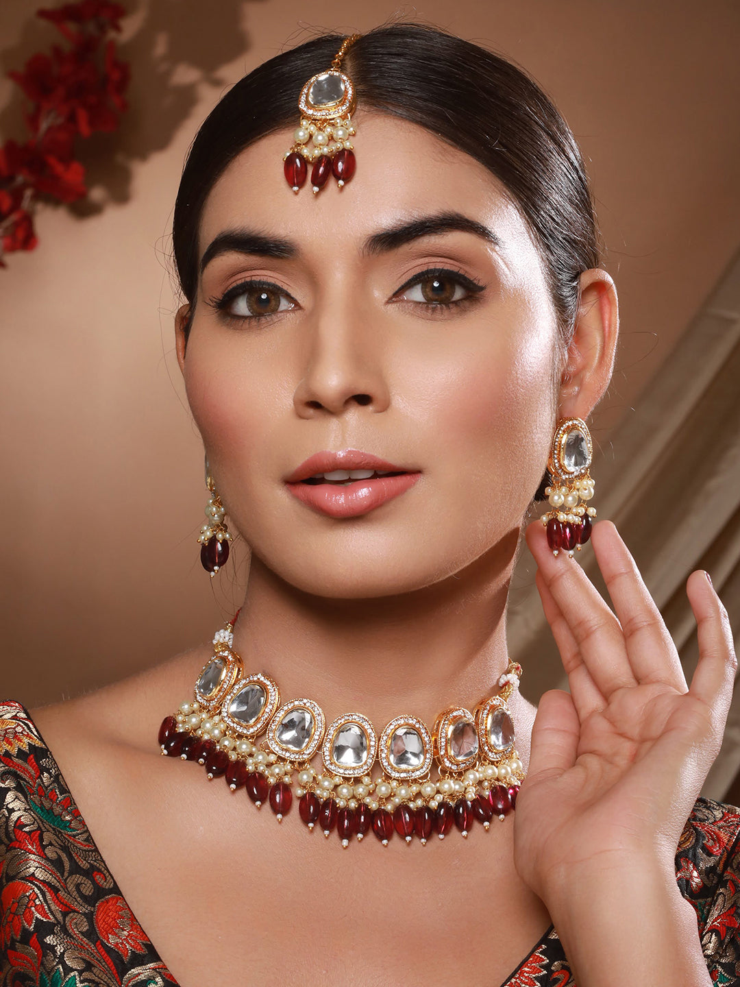 Jazz And Sizzle Gold Plated Kundan Studded & Beaded Jewelry Set With Maangtikka