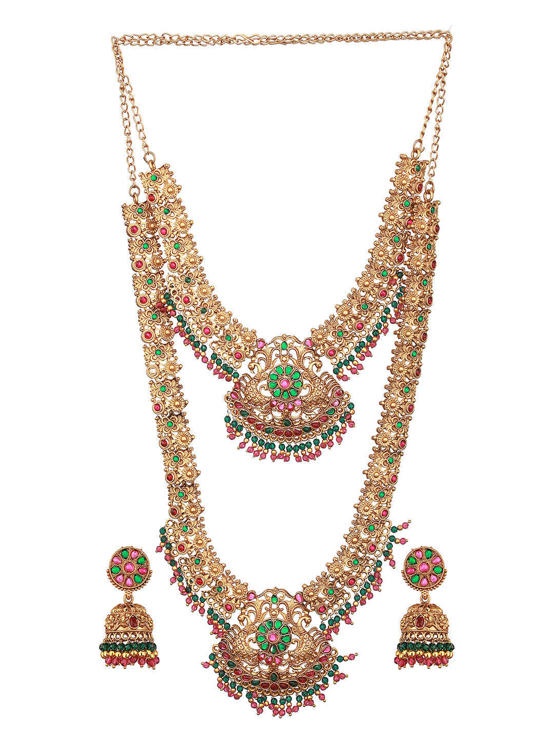 Set Of 2 Green & Red Stone Studded & Beaded Gold-Plated Peacock Shaped Temple Choker Jewelry Set-NL-JS23-40351