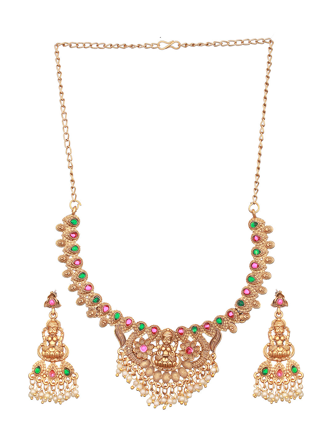 Jazz and Sizzle Gold-Plated Stones Studded & Beads Beaded Temple Necklace With Earrings