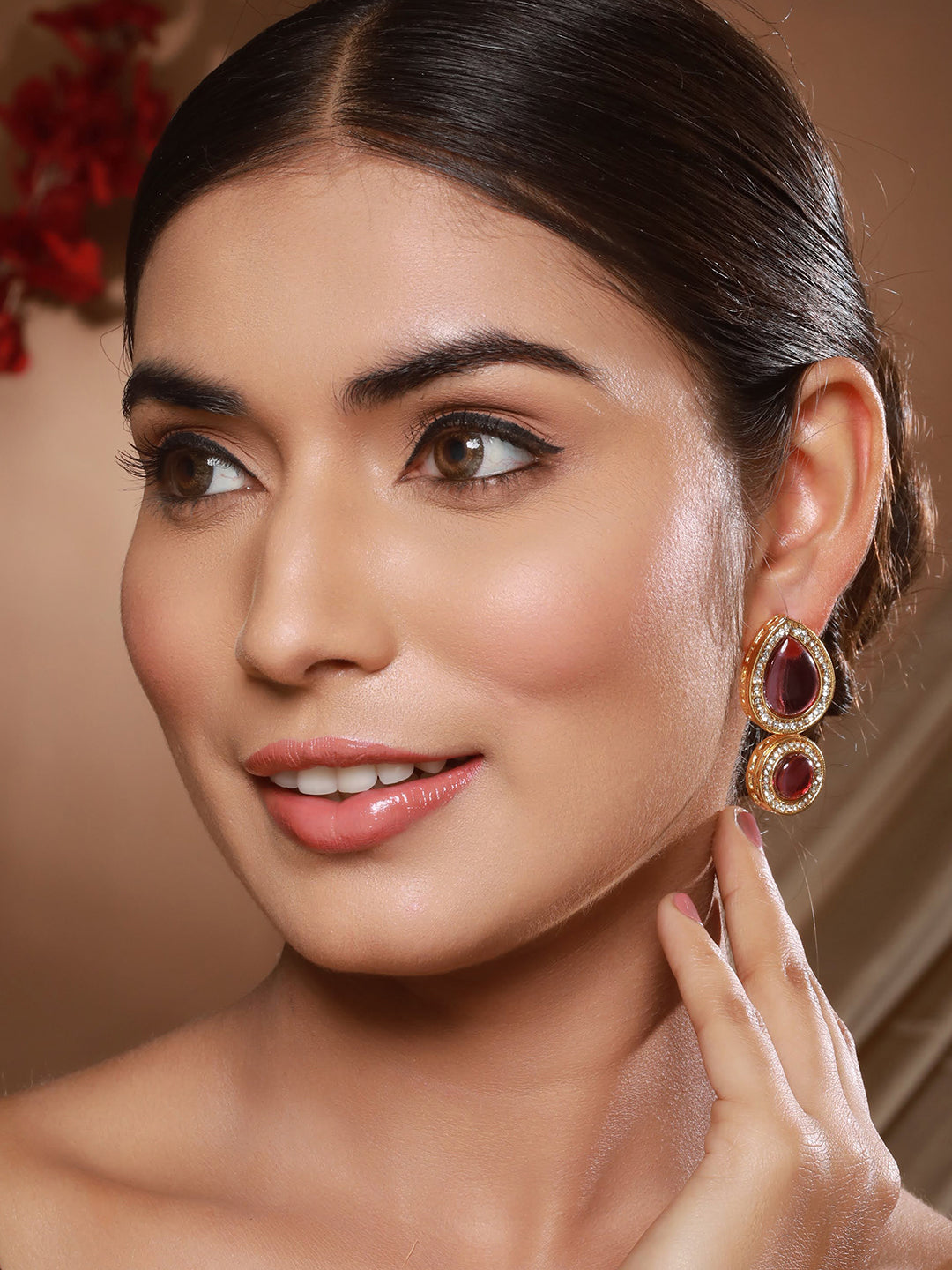 Red & Gold-Plated Pearls Beaded Classic Ear Earrings