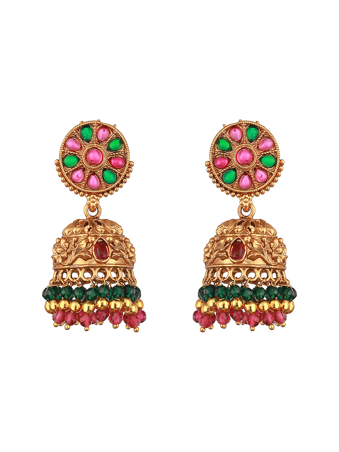 Set Of 2 Green & Red Stone Studded & Beaded Gold-Plated Peacock Shaped Temple Choker Jewelry Set-NL-JS23-40351