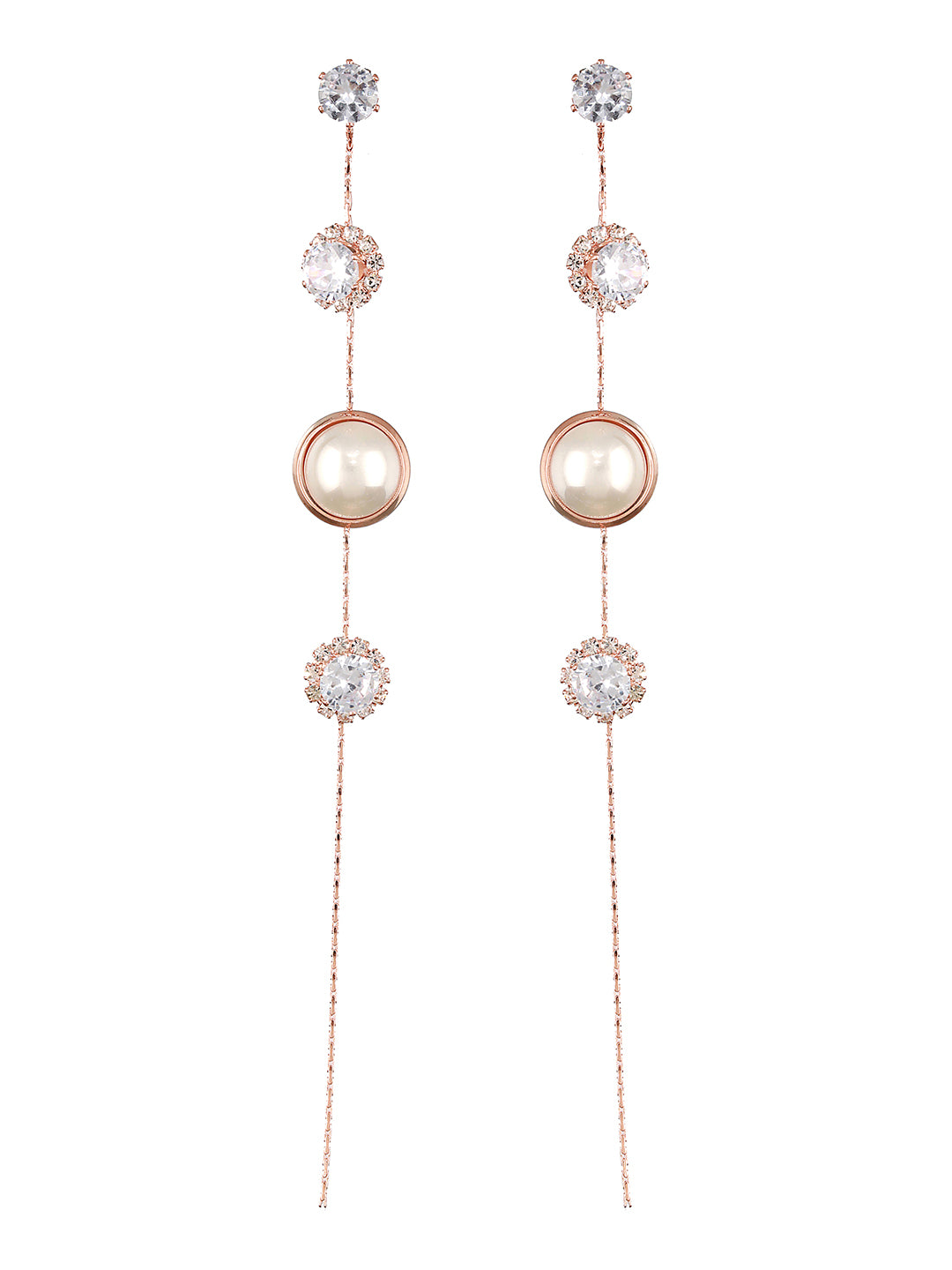 JAZZ AND SIZZLE Silver-Toned Rose gold-Plated CZ Stone-Studded & Pearl Contemporary Drop Earrings - Jazzandsizzle