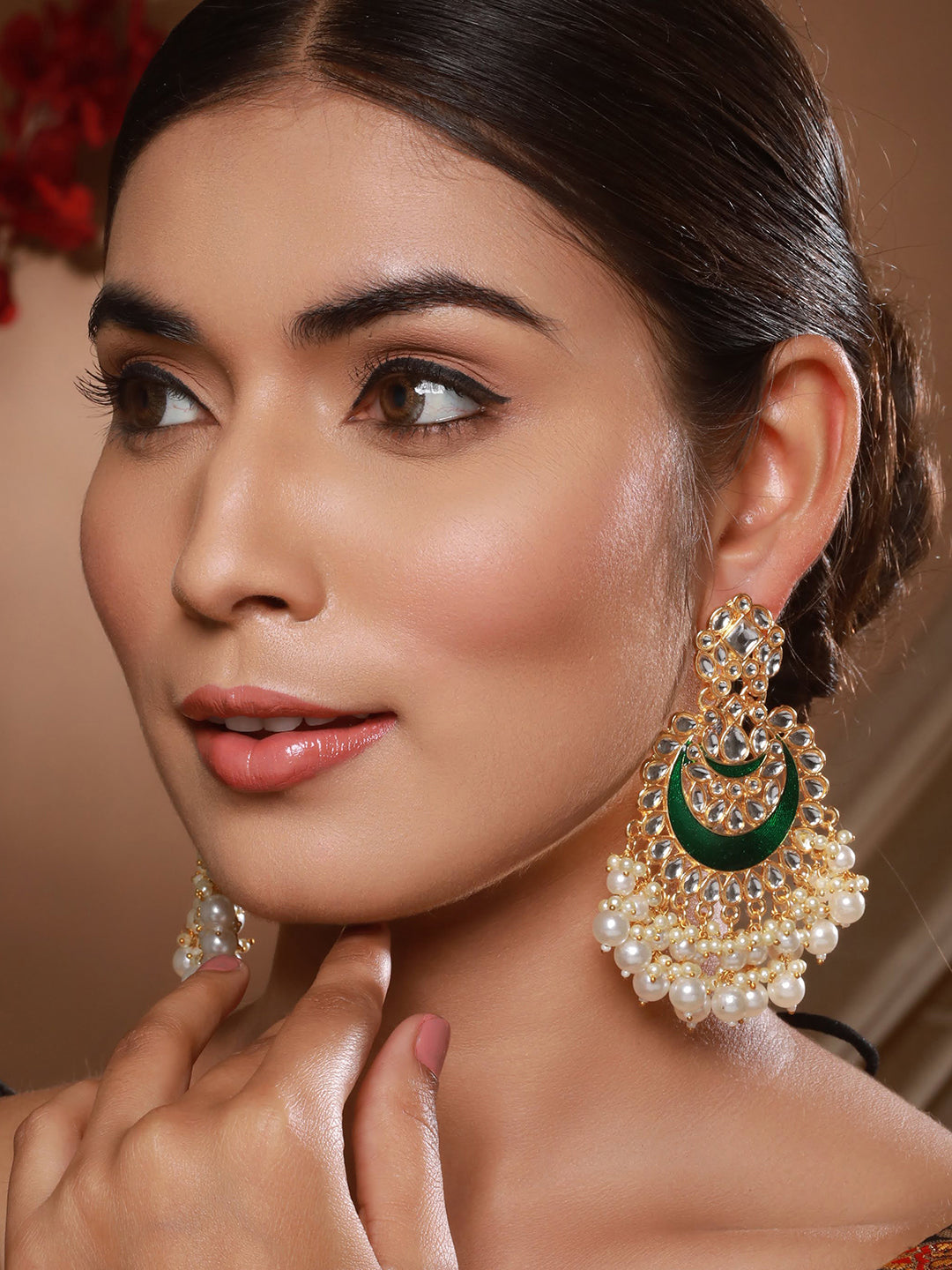 Green & Gold-Plated Pearls Beaded Classic Ear Earrings