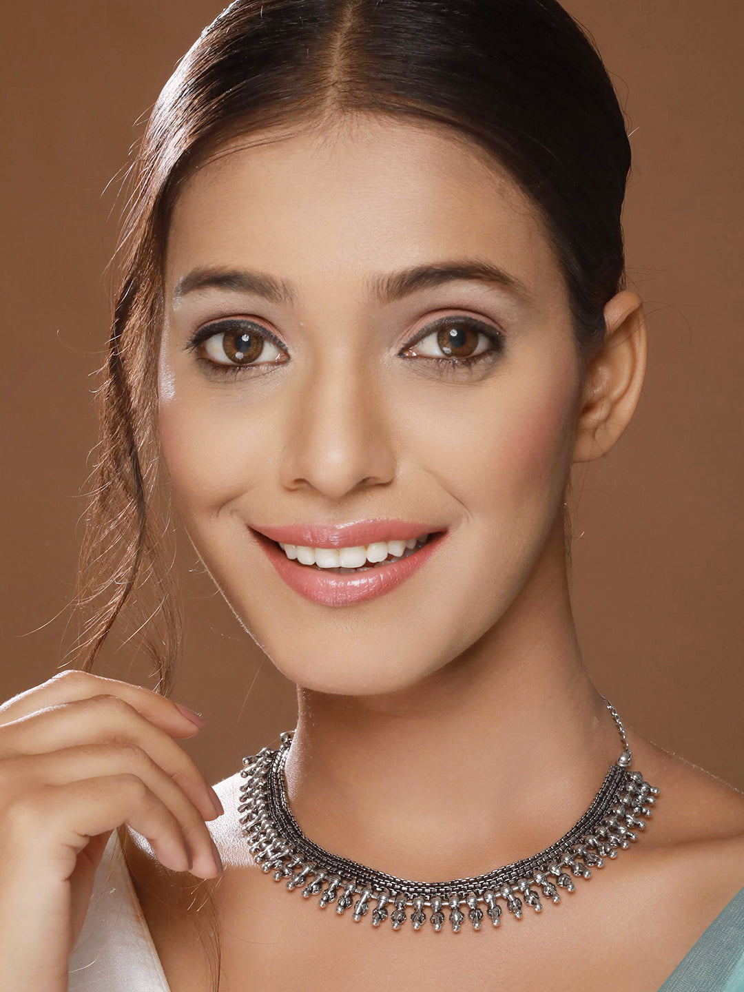 Silver Plated Pearl Beaded Floral Oxidised Necklace - Jazzandsizzle