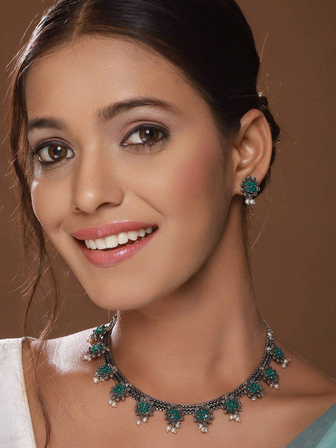 Silver Plated Green Stone Studded & Pearl Beaded Oxidised Jewellery Set - Jazzandsizzle
