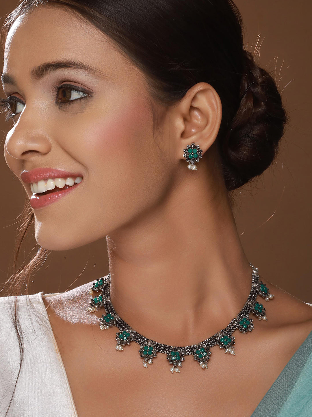 Silver Plated Green Stone Studded & Pearl Beaded Oxidised Jewellery Set - Jazzandsizzle