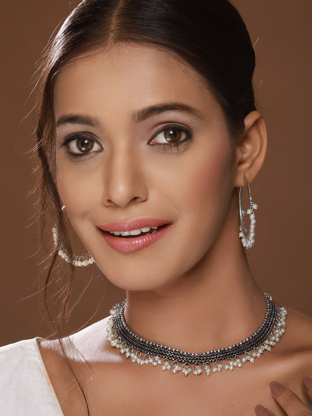 Oxidised Silver Plated & Pearl Beaded Necklace with Hoop Earrings - Jazzandsizzle