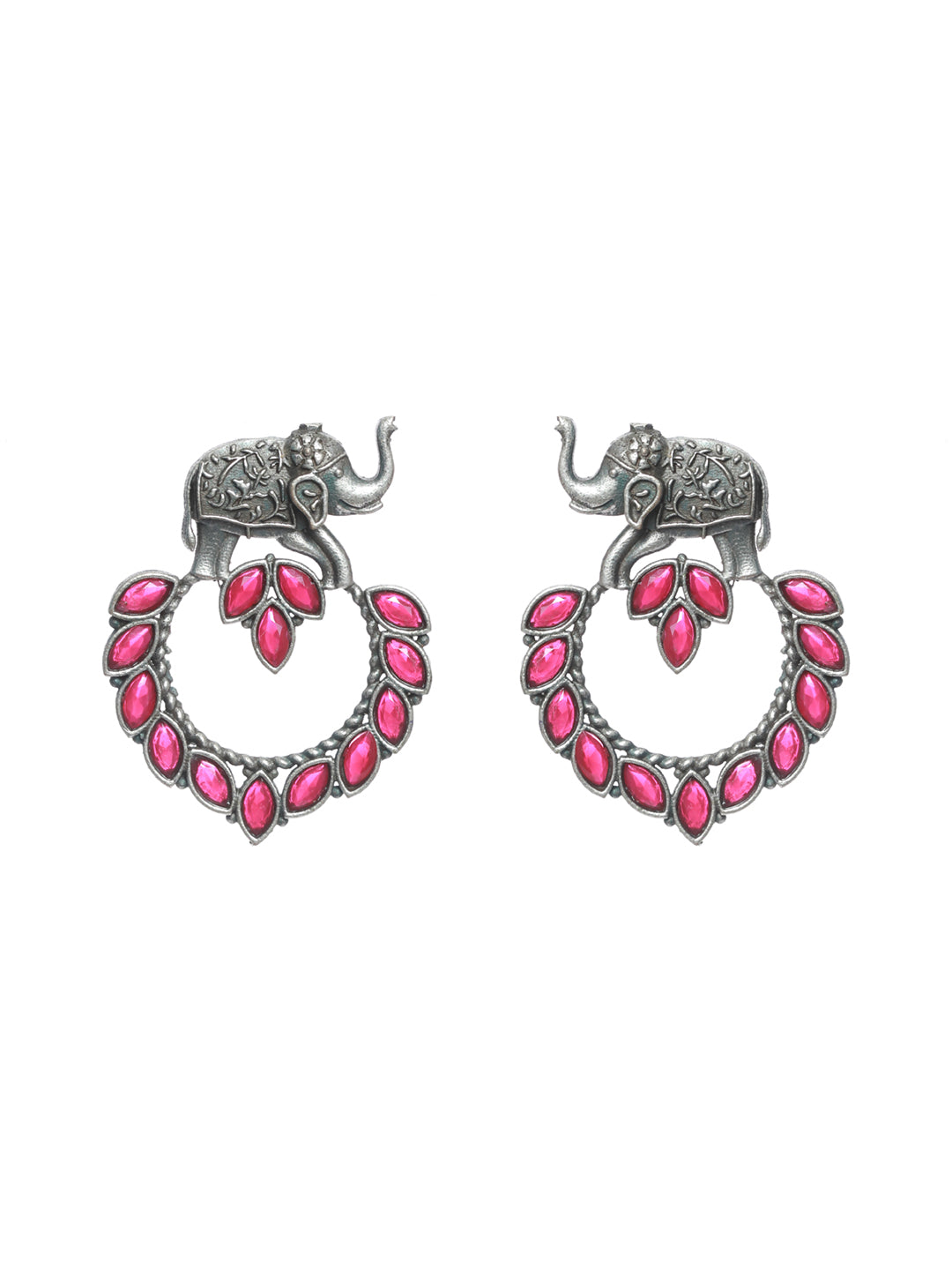 Oxidised Silver-Toned & Elephant Shaped Handcrafted Red Stone Studded Chandbalis