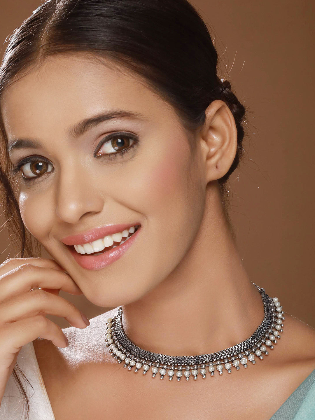 Silver Plated Pearl Beaded Floral Oxidised Necklace - Jazzandsizzle