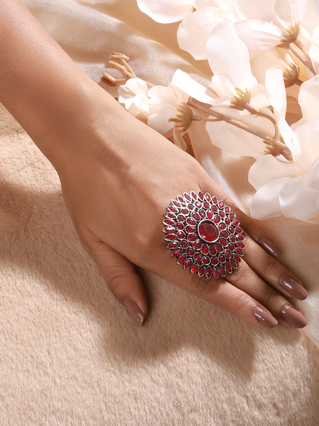 Silver-Plated Red Stone Studded Flower Shaped Adjustable Finger Ring - Jazzandsizzle