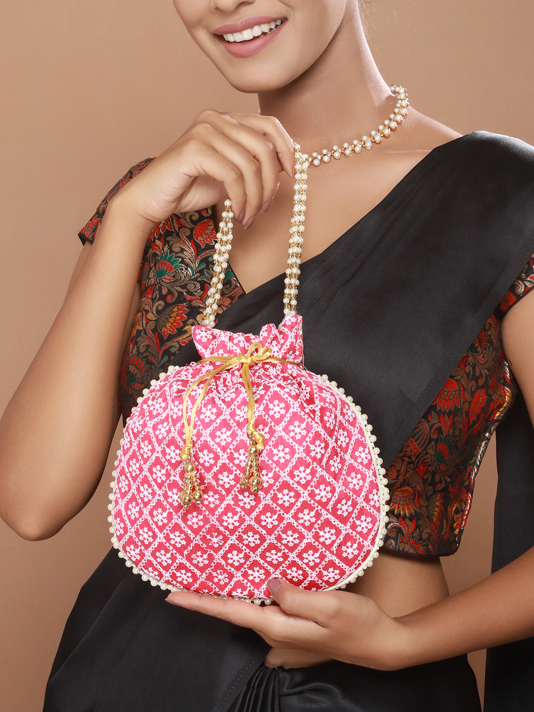 Pink & White Embroidered Potli Clutch - Jazzandsizzle