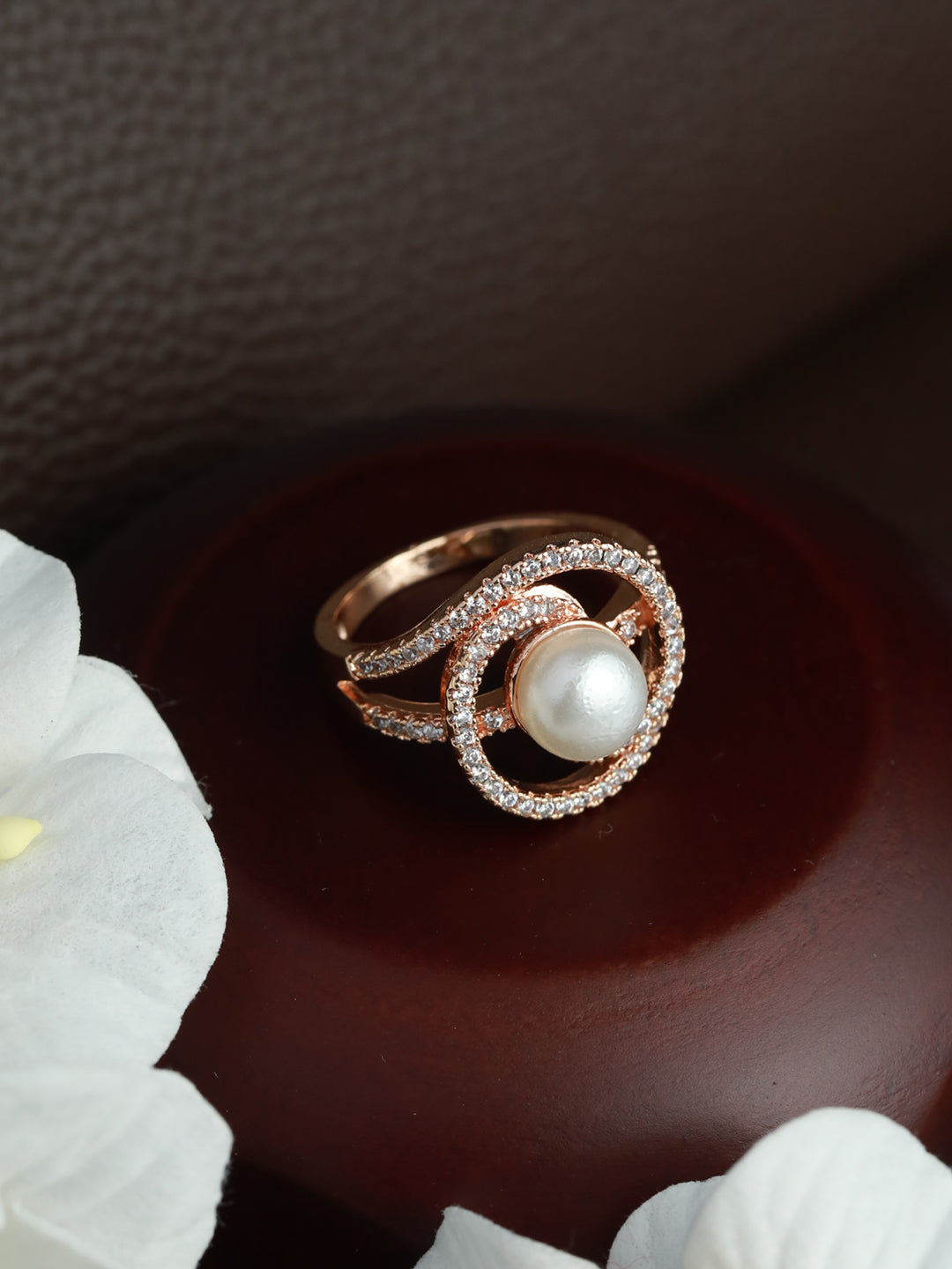 Rose Gold-Plated White Cz-Studded Adjustable Pearl Ring