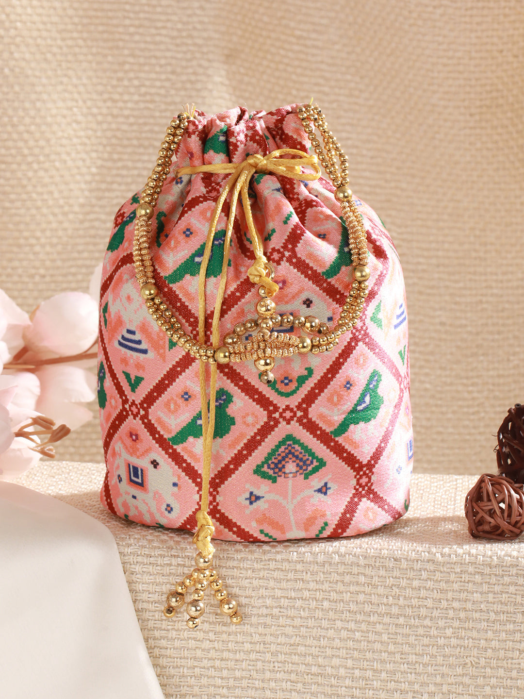 Pink & Green Embroidered Embellished Potli Clutch - Jazzandsizzle