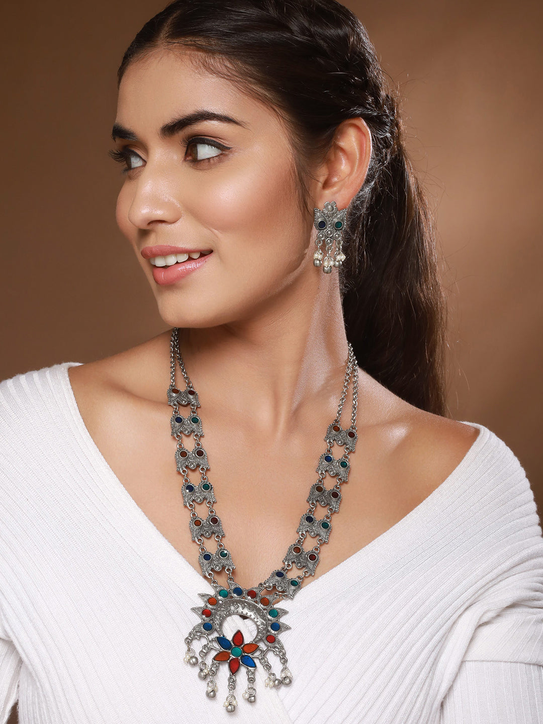 Jazz And Sizzle Oxidized Silver-Plated & Ghungroo Beaded Floral Jewelry Set