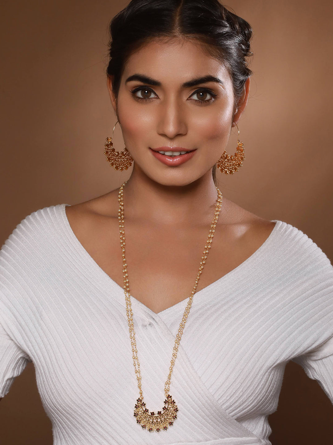 Aatmana By Jazz And Sizzle Gold-Plated Faux Pearl Beaded Layered Enamelled Long Jewellery Set