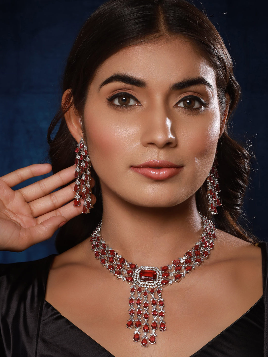 Jazz And Sizzle Rhodium-Plated Ruby Red American Diamond Studded Handcrafted Jewellery Set