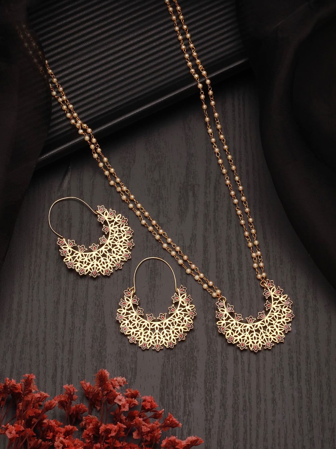 Aatmana By Jazz And Sizzle Gold-Plated Faux Pearl Beaded Layered Enamelled Long Jewellery Set
