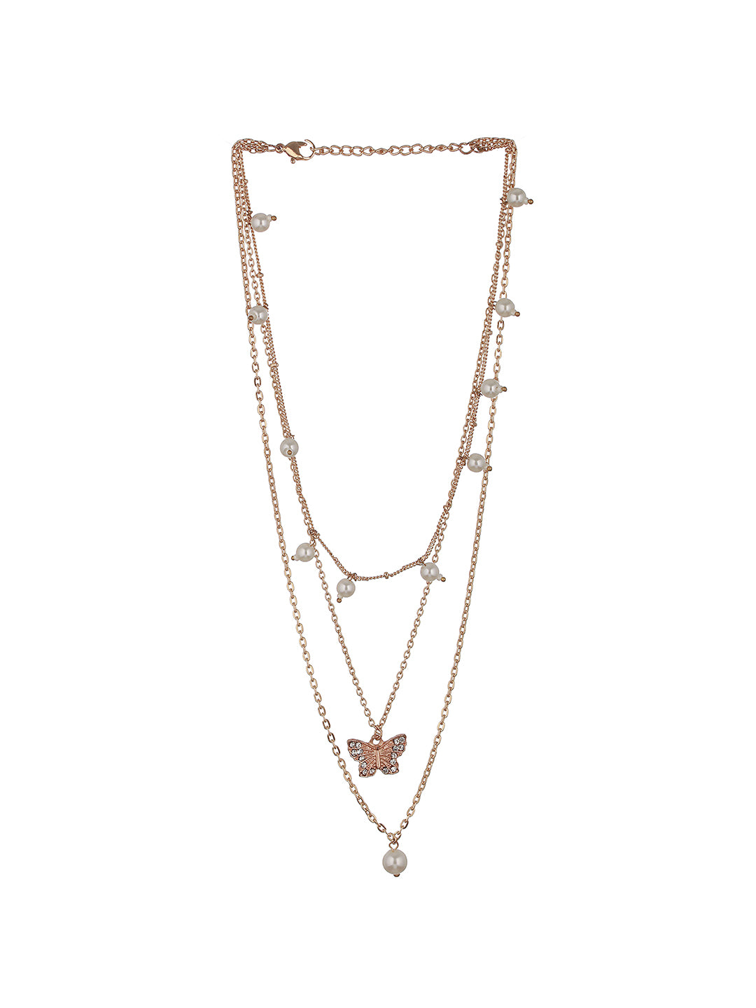 Gold-Plated Butterfly & Pearl Hanging Layered Necklace - Jazzandsizzle