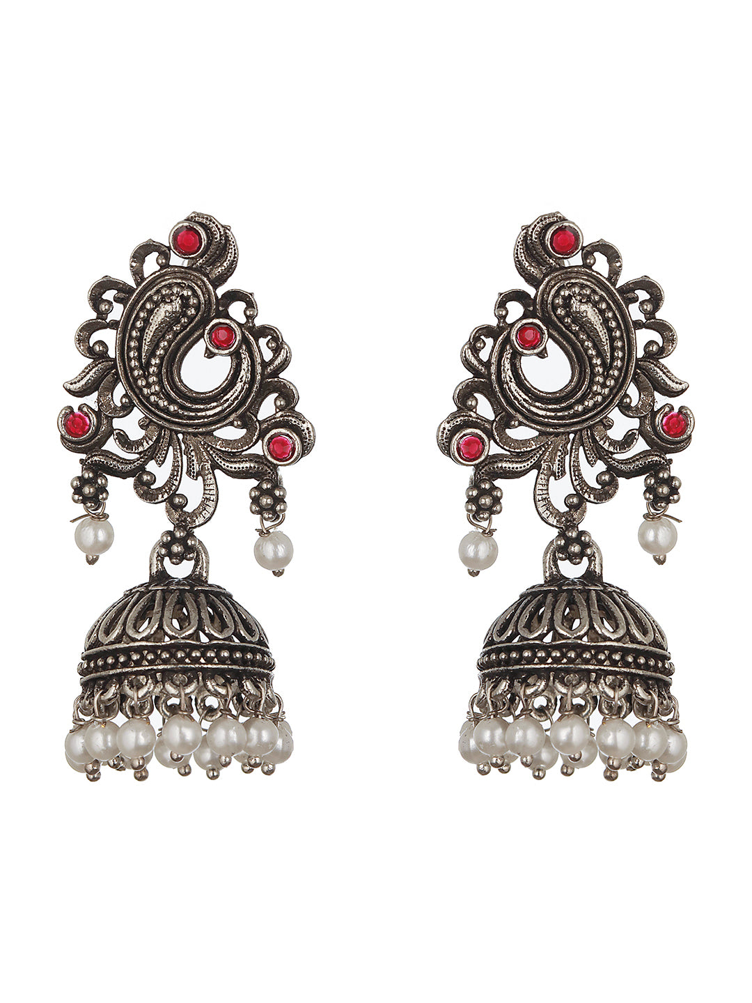 Silver-Plated Peacock Shaped Classic Jhumkas Earrings - Jazzandsizzle