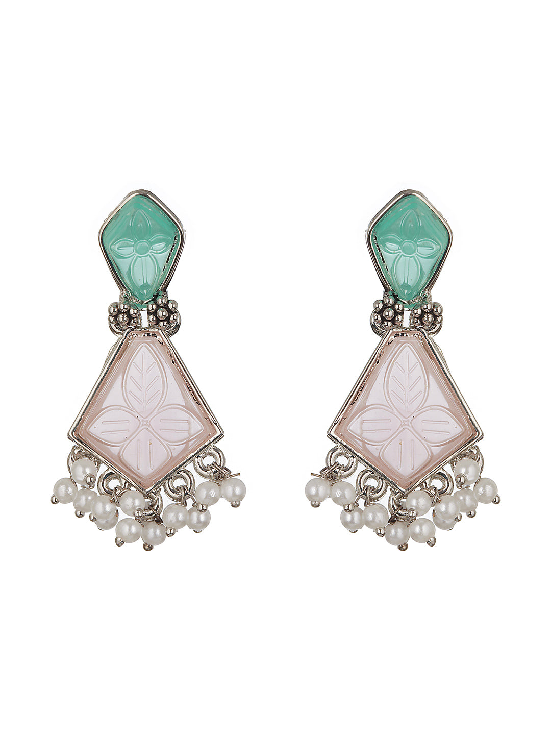 Set of 2 Gold-Plated Pink & Green Dome Shaped Drop Earrings - Jazzandsizzle