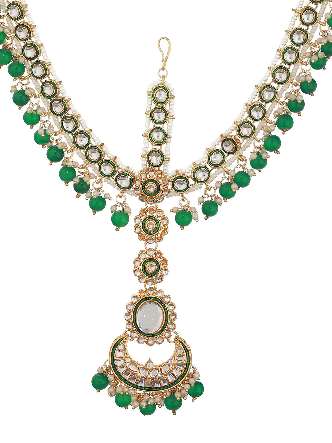 Gold-Plated Green & White Kundan-Studded & Pearls Beaded Sheeshphool Mathapatti - Jazzandsizzle