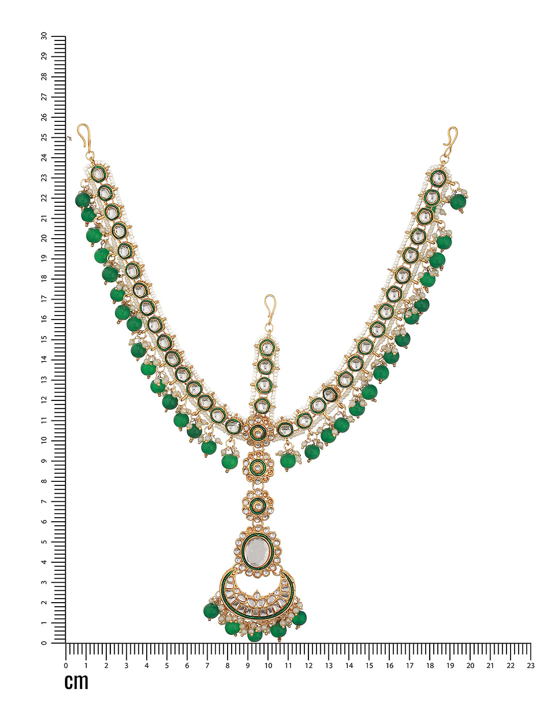 Gold-Plated Green & White Kundan-Studded & Pearls Beaded Sheeshphool Mathapatti - Jazzandsizzle