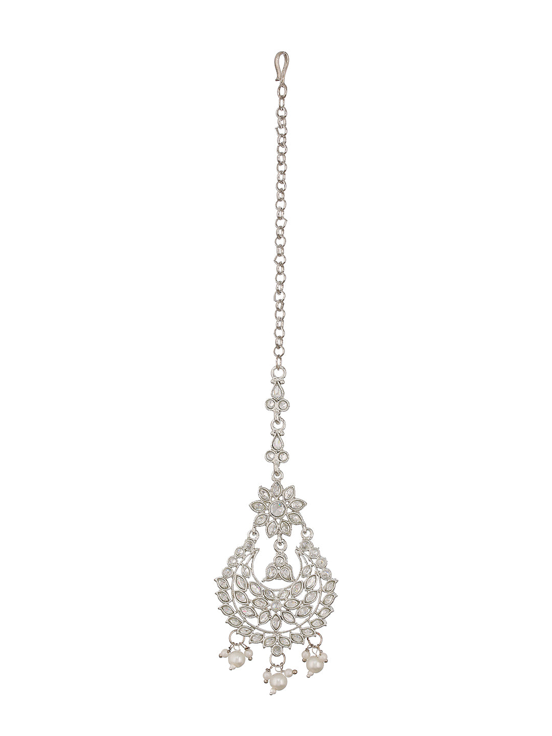 Silver-Plated White AD-Studded & Pearl Drop Handcrafted Maang Tikka - Jazzandsizzle