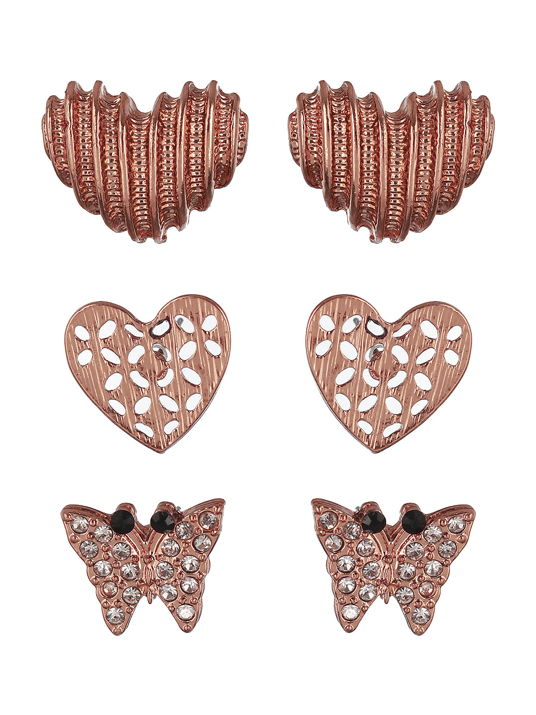 Set of 3 Rosegold-Plated Heart Shaped Stud Earrings - Jazzandsizzle