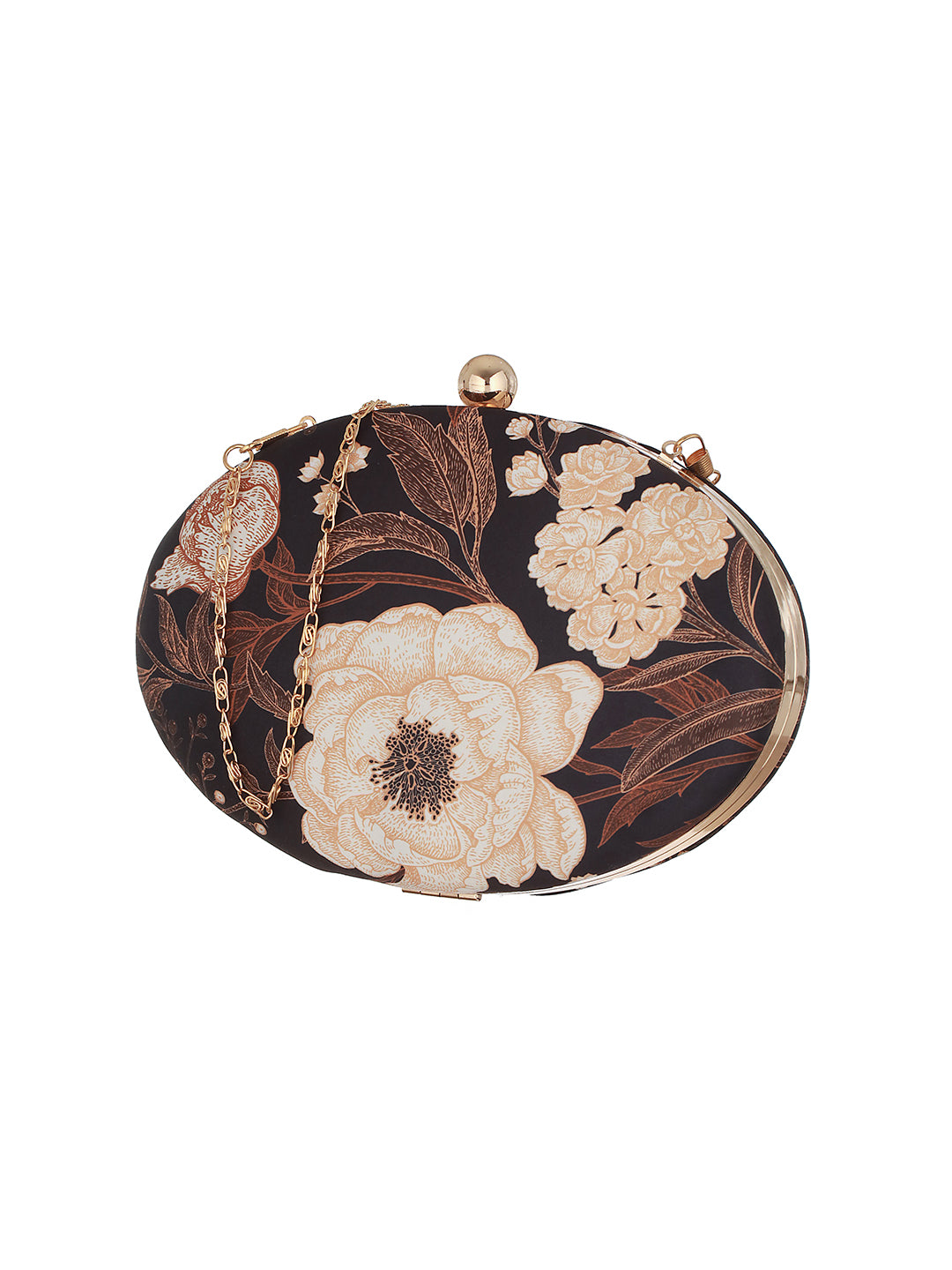 Black & Brown Floral Printed Embellished Box Clutch - Jazzandsizzle