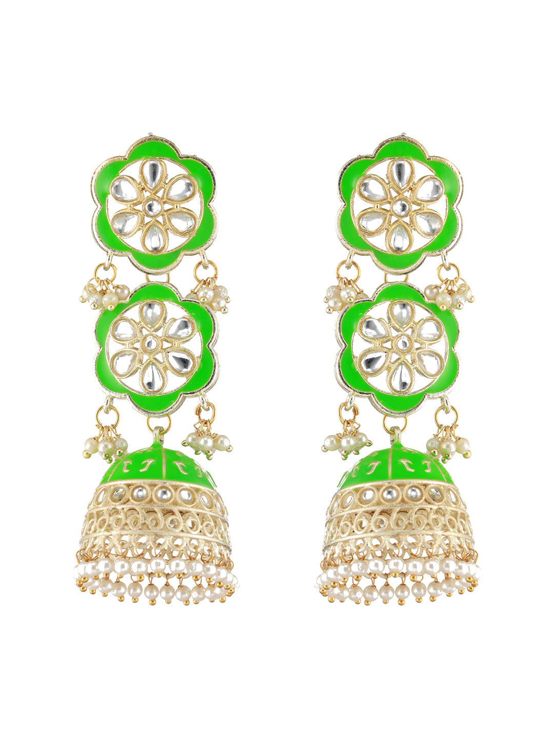 Green & White Meenakari & Kundan Ethnic Long Jhumka Earrings - Jazzandsizzle