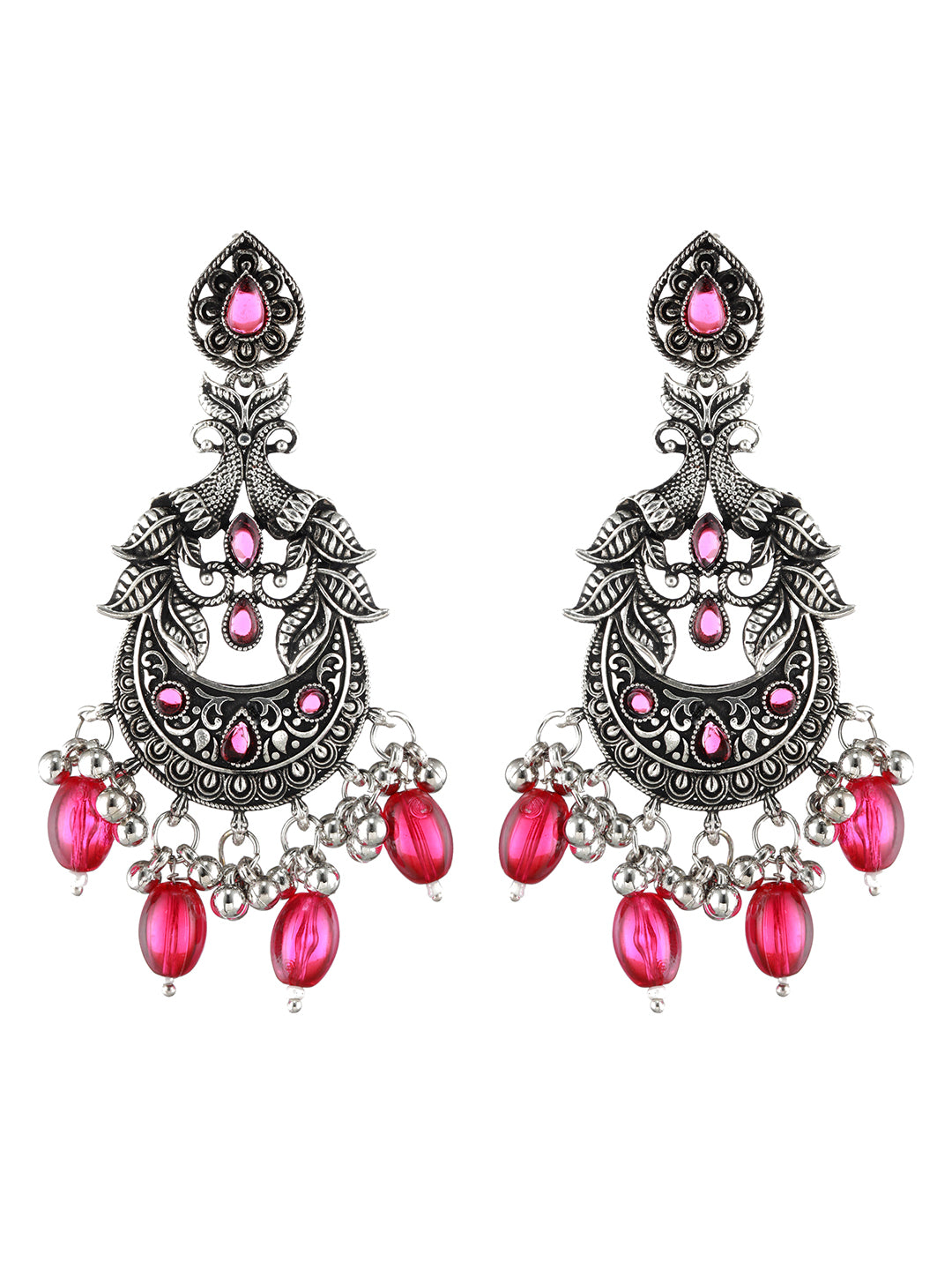 Red Silver-Plated Kundan Studded Peacock Shaped Chandbalis - Jazzandsizzle