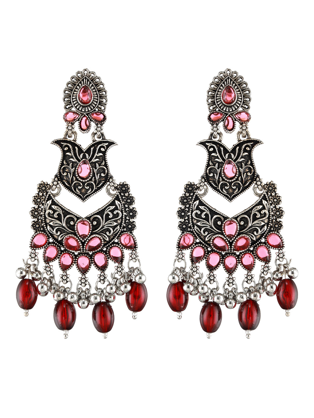 Silver-Toned & Red Classic Chandbalis - Jazzandsizzle