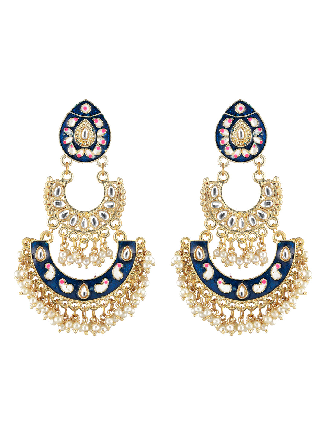 Blue Gold-Plated Meenakari & Pearls Beaded Chandbalis Earrings - Jazzandsizzle