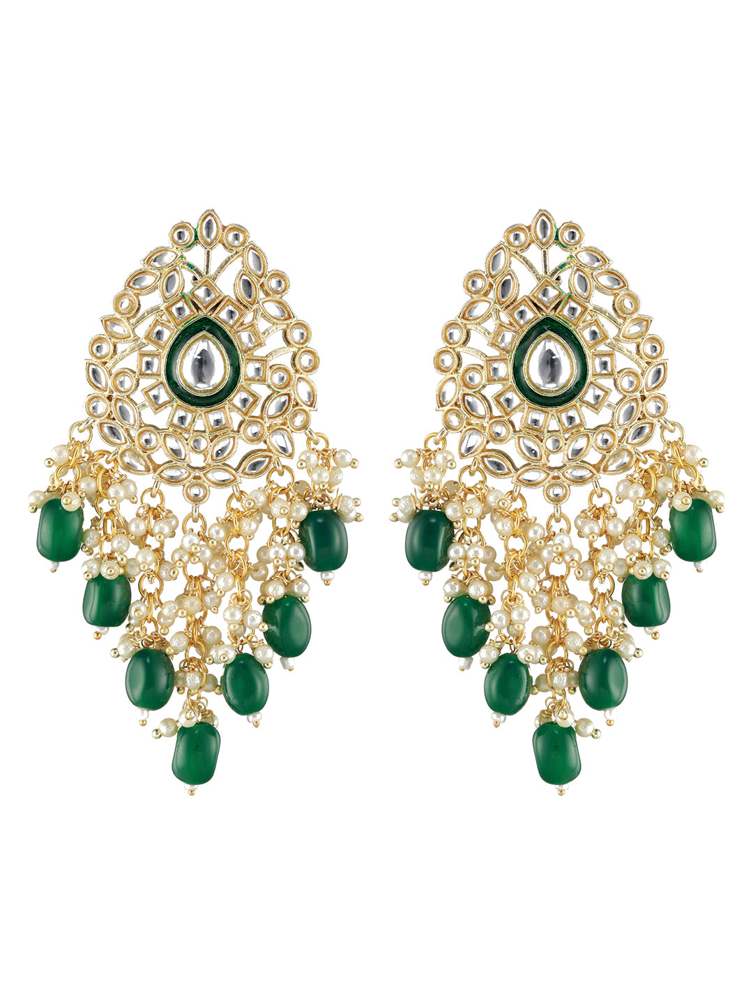 Green Gold Plated Kundan Studded & Beaded Meenakari Drop Earrings - Jazzandsizzle