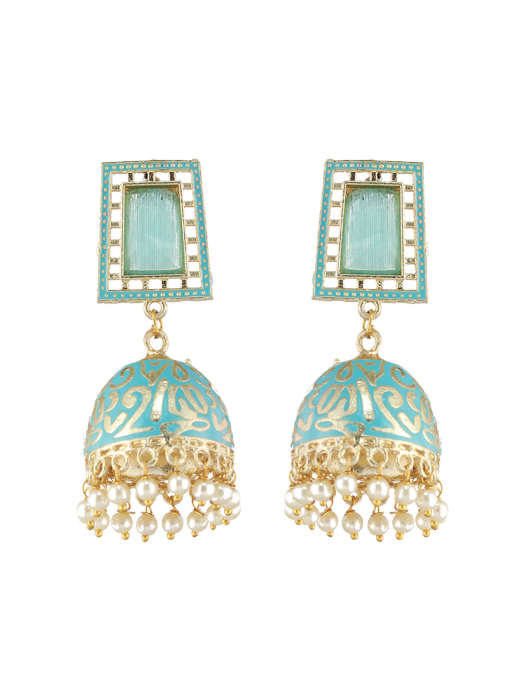 Turquise Blue Gold Plated Stone Studded & Beaded Handcrafted Enamelled Jhumkas - Jazzandsizzle